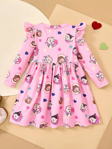 Young Girl Cute Cartoon Sweet Casual Ruffle Trim Heart Print Long Sleeve Dress, Suitable For Spring, Autumn & Winter