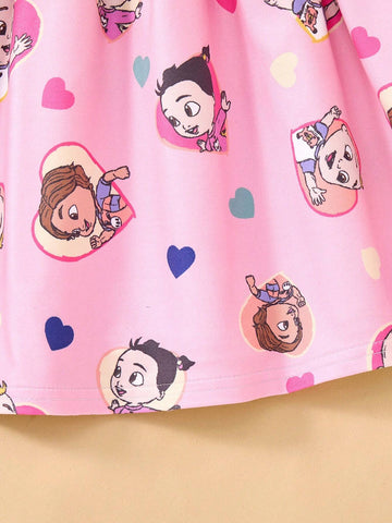 Young Girl Cute Cartoon Sweet Casual Ruffle Trim Heart Print Long Sleeve Dress, Suitable For Spring, Autumn & Winter