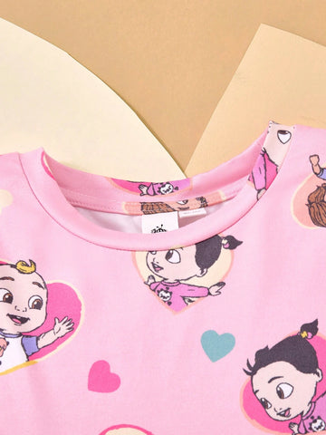 Young Girl Cute Cartoon Sweet Casual Ruffle Trim Heart Print Long Sleeve Dress, Suitable For Spring, Autumn & Winter