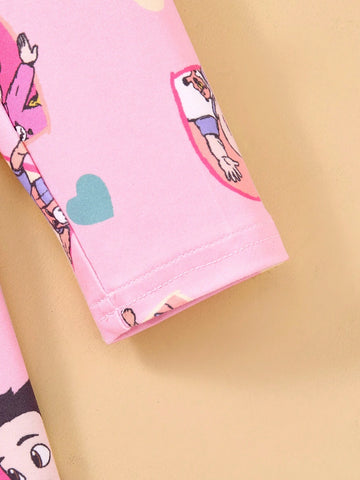 Young Girl Cute Cartoon Sweet Casual Ruffle Trim Heart Print Long Sleeve Dress, Suitable For Spring, Autumn & Winter