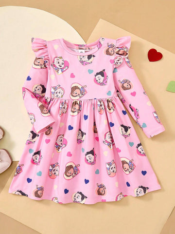 Young Girl Cute Cartoon Sweet Casual Ruffle Trim Heart Print Long Sleeve Dress, Suitable For Spring, Autumn & Winter
