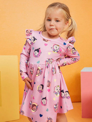 Young Girl Cute Cartoon Sweet Casual Ruffle Trim Heart Print Long Sleeve Dress, Suitable For Spring, Autumn & Winter