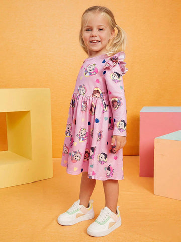 Young Girl Cute Cartoon Sweet Casual Ruffle Trim Heart Print Long Sleeve Dress, Suitable For Spring, Autumn & Winter