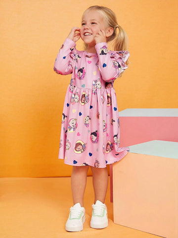 Young Girl Cute Cartoon Sweet Casual Ruffle Trim Heart Print Long Sleeve Dress, Suitable For Spring, Autumn & Winter