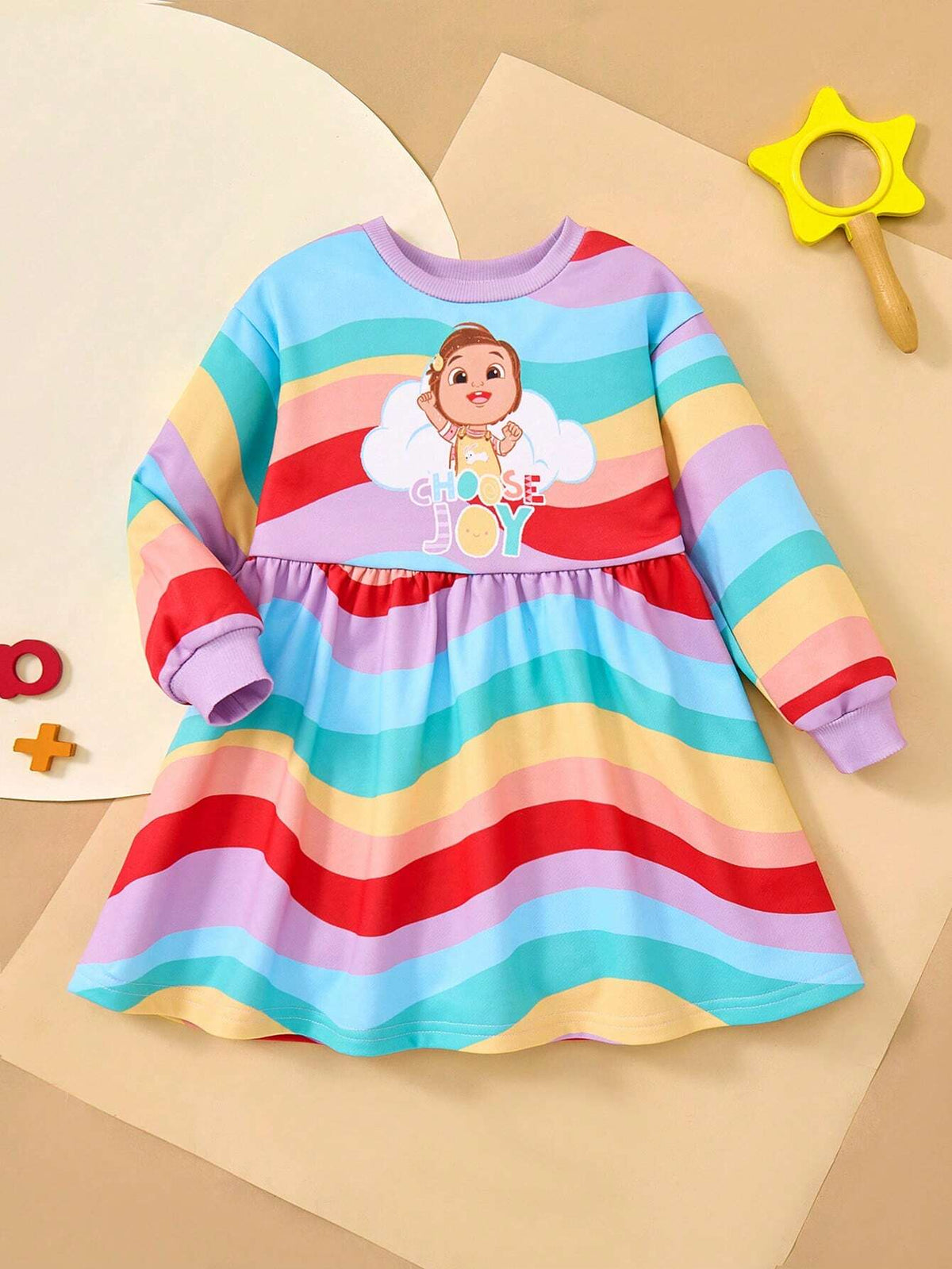 Young Girl Cute Rainbow & Wave Striped Cartoon Figure Graphic Knit Loose Fit Sweatshirt Dress