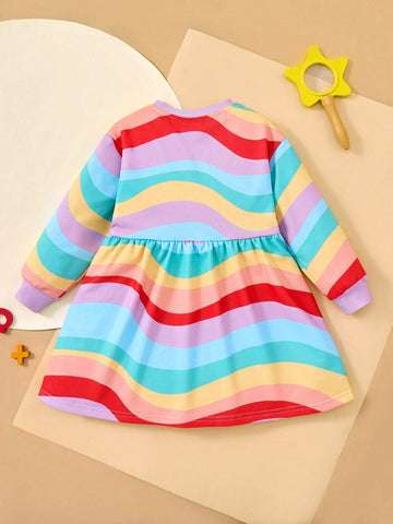 Young Girl Cute Rainbow & Wave Striped Cartoon Figure Graphic Knit Loose Fit Sweatshirt Dress
