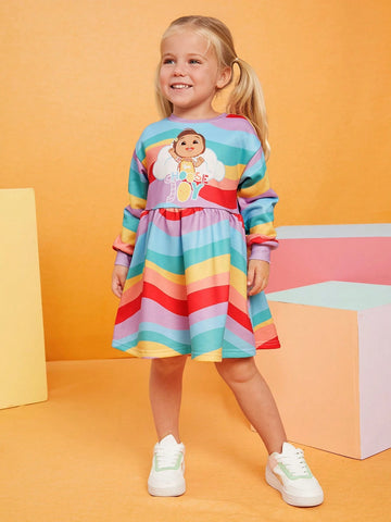 Young Girl Cute Rainbow & Wave Striped Cartoon Figure Graphic Knit Loose Fit Sweatshirt Dress