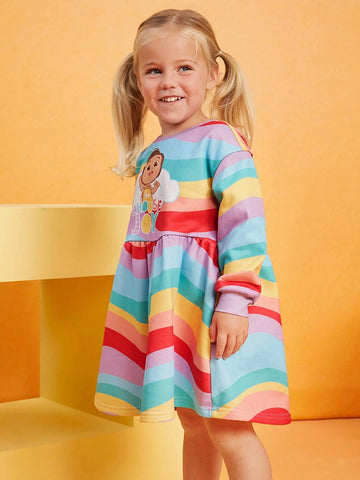 Young Girl Cute Rainbow & Wave Striped Cartoon Figure Graphic Knit Loose Fit Sweatshirt Dress