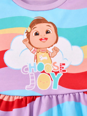 Young Girl Cute Rainbow & Wave Striped Cartoon Figure Graphic Knit Loose Fit Sweatshirt Dress