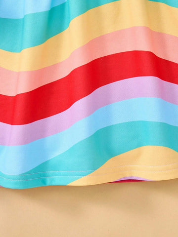 Young Girl Cute Rainbow & Wave Striped Cartoon Figure Graphic Knit Loose Fit Sweatshirt Dress