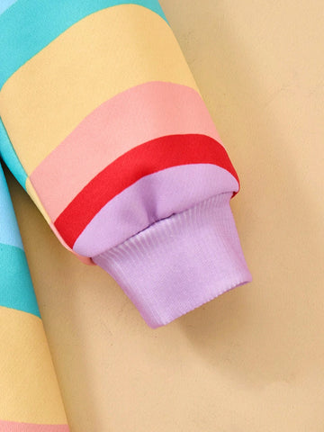 Young Girl Cute Rainbow & Wave Striped Cartoon Figure Graphic Knit Loose Fit Sweatshirt Dress