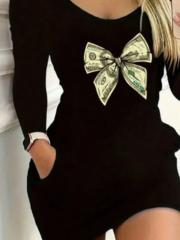 Coin Print Round Neck Dress, Sexy Short Sleeve Fitted Dress, Suitable For Spring, Summer And Autumn, Women's Clothing