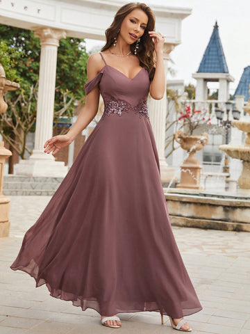 Cold Shoulder Appliques Chiffon Bridesmaid Dress