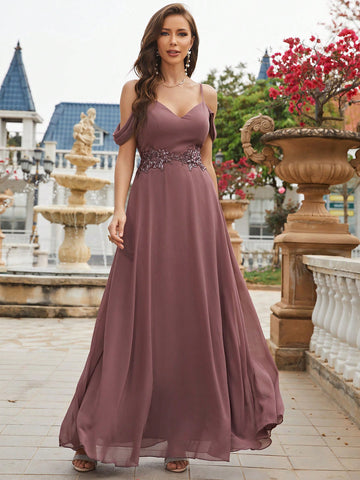 Cold Shoulder Appliques Chiffon Bridesmaid Dress