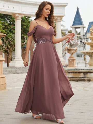 Cold Shoulder Appliques Chiffon Bridesmaid Dress