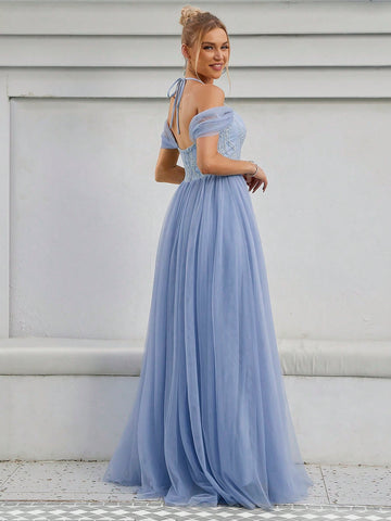 Cold Shoulder Contrast Lace Mesh Wedding Dress