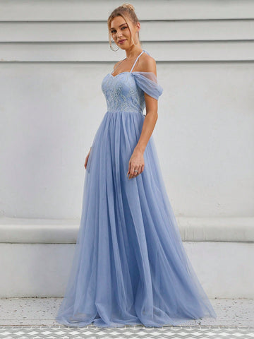 Cold Shoulder Contrast Lace Mesh Wedding Dress