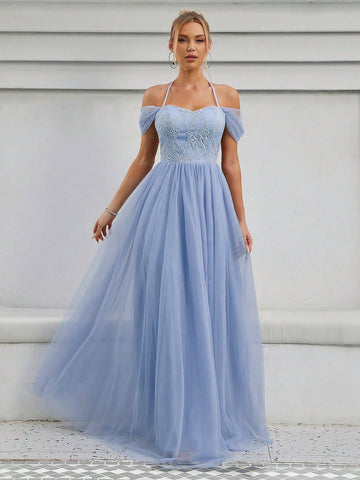 Cold Shoulder Contrast Lace Mesh Wedding Dress