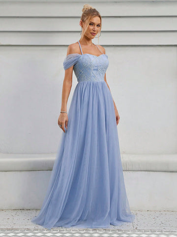 Cold Shoulder Contrast Lace Mesh Wedding Dress