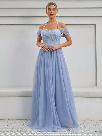 Cold Shoulder Contrast Lace Mesh Wedding Dress