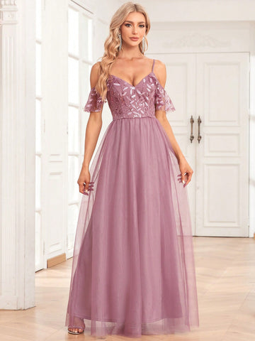 Cold Shoulder Contrast Sequin Mesh Bridesmaid Dress