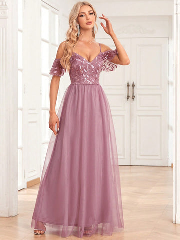 Cold Shoulder Contrast Sequin Mesh Bridesmaid Dress