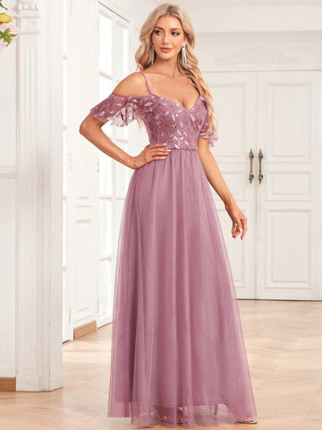 Cold Shoulder Contrast Sequin Mesh Bridesmaid Dress