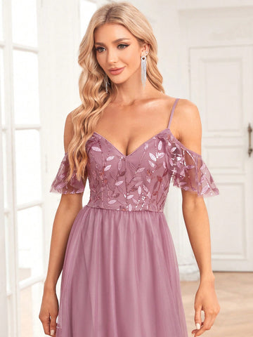 Cold Shoulder Contrast Sequin Mesh Bridesmaid Dress