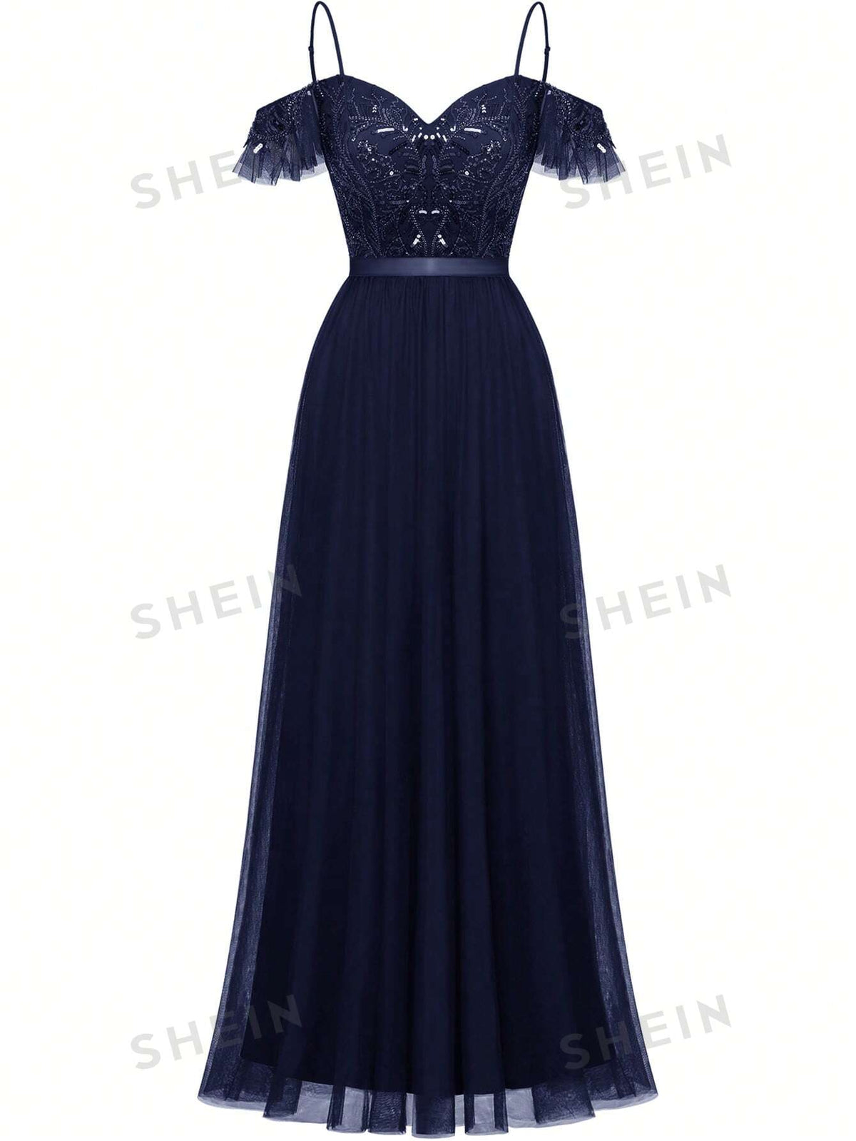Cold Shoulder Contrast Sequin Mesh Formal Dress