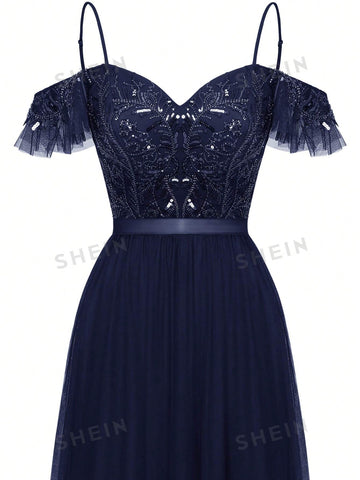 Cold Shoulder Contrast Sequin Mesh Formal Dress