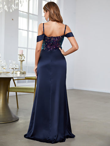 Cold Shoulder Contrast Sequin Split Thigh Formal Dress
