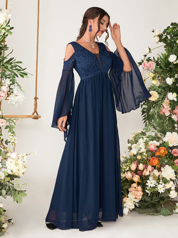 Cold Shoulder Flounce Sleeve Lace Bridesmaid Dress