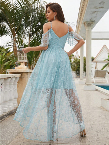 Cold Shoulder High Low Hem Lace Bridesmaid Dress