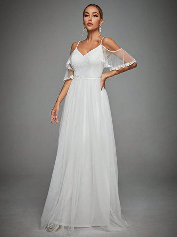 Cold Shoulder Lace Bodice Mesh Wedding Dress