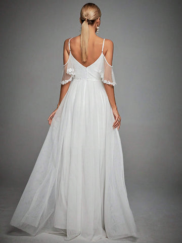 Cold Shoulder Lace Bodice Mesh Wedding Dress