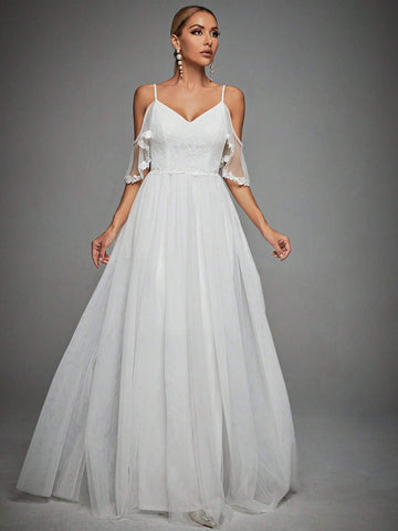 Cold Shoulder Lace Bodice Mesh Wedding Dress