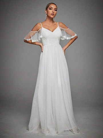 Cold Shoulder Lace Bodice Mesh Wedding Dress