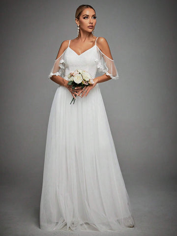 Cold Shoulder Lace Bodice Mesh Wedding Dress