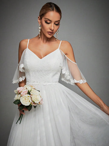 Cold Shoulder Lace Bodice Mesh Wedding Dress