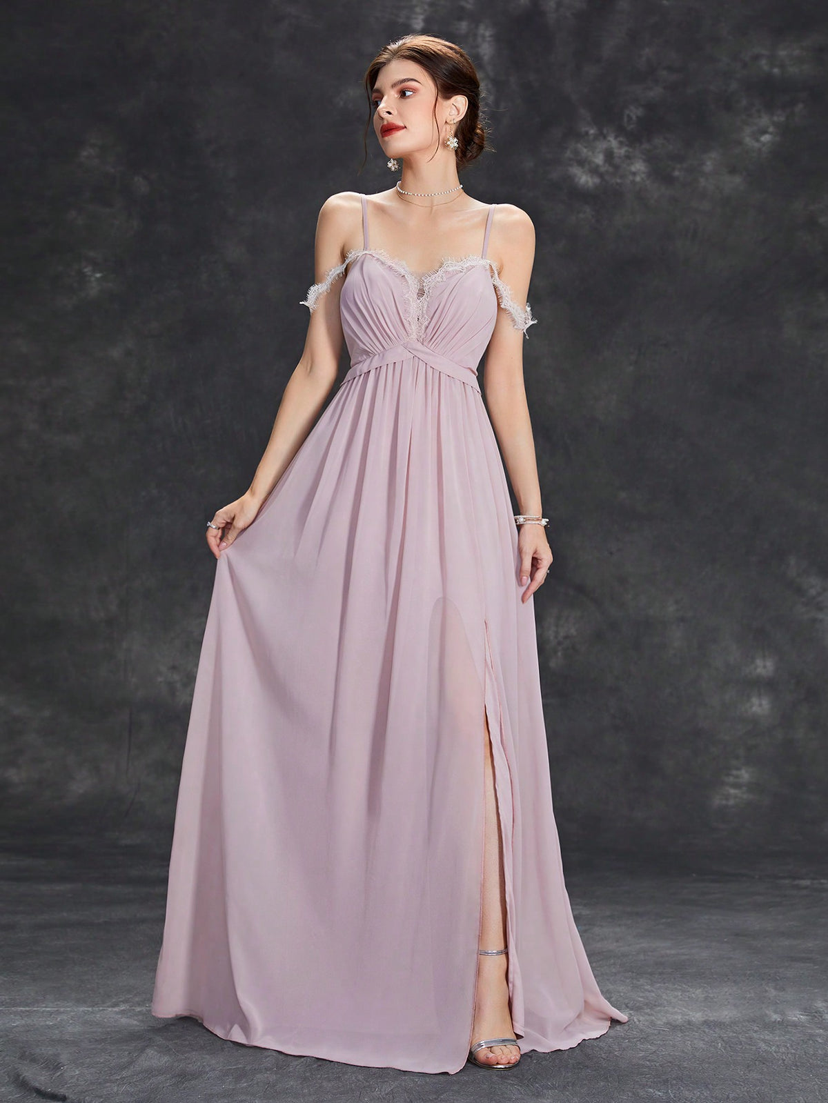 Cold Shoulder Lace Trim Split Thigh Chiffon Bridesmaid Dress