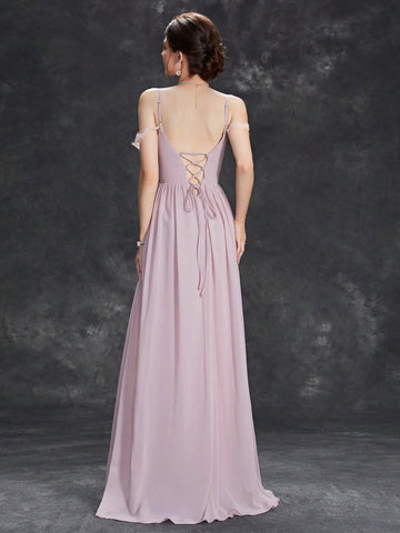 Cold Shoulder Lace Trim Split Thigh Chiffon Bridesmaid Dress