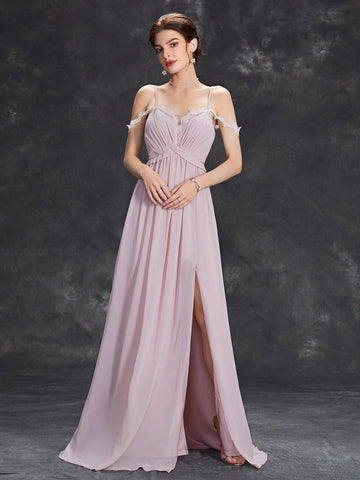 Cold Shoulder Lace Trim Split Thigh Chiffon Bridesmaid Dress