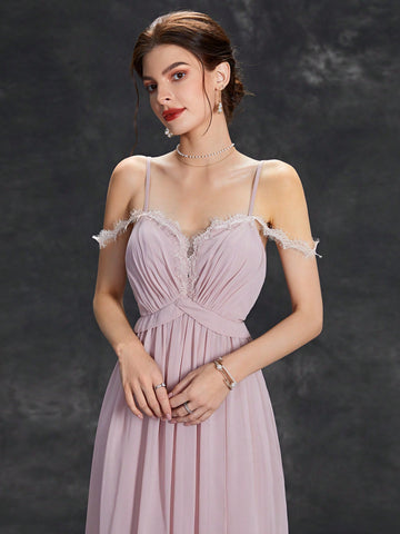 Cold Shoulder Lace Trim Split Thigh Chiffon Bridesmaid Dress
