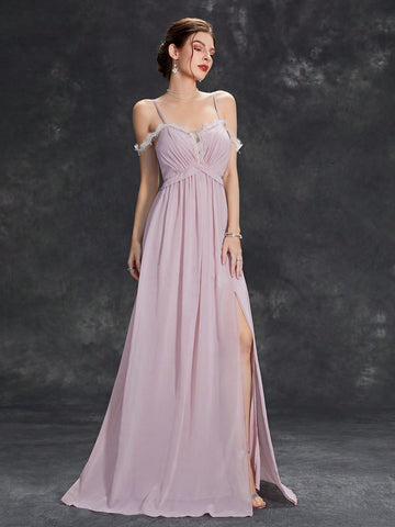 Cold Shoulder Lace Trim Split Thigh Chiffon Bridesmaid Dress