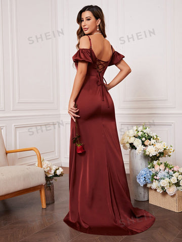 Cold Shoulder Lace Up Back Split Thigh Bridesmaid Dress