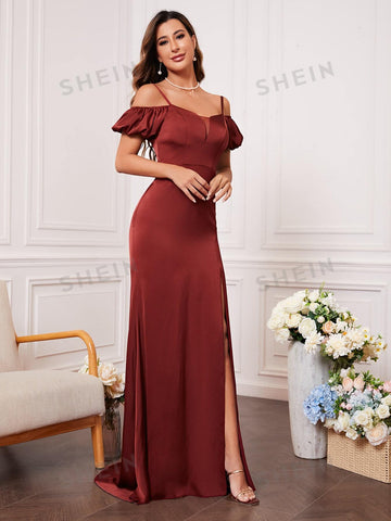 Cold Shoulder Lace Up Back Split Thigh Bridesmaid Dress