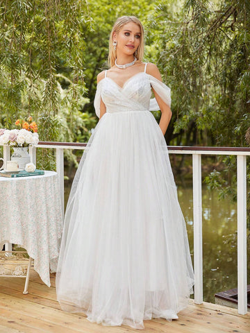 Cold Shoulder Mesh Overlay Wedding Dress