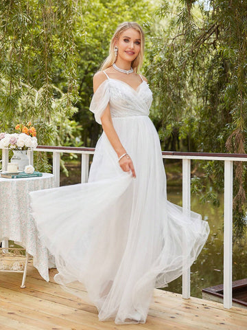 Cold Shoulder Mesh Overlay Wedding Dress