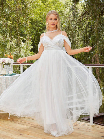 Cold Shoulder Mesh Overlay Wedding Dress