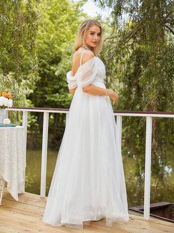 Cold Shoulder Mesh Overlay Wedding Dress
